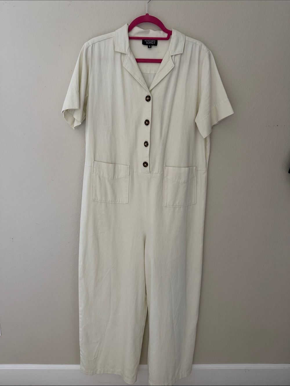 Casual Cream Short-Sleeve Button-Front Jumpsuit